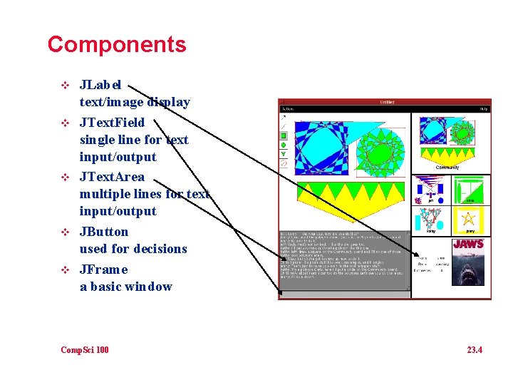 Components v v v JLabel text/image display JText. Field single line for text input/output