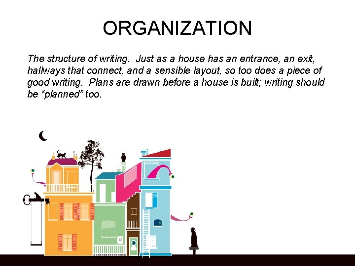 ORGANIZATION The structure of writing. Just as a house has an entrance, an exit,