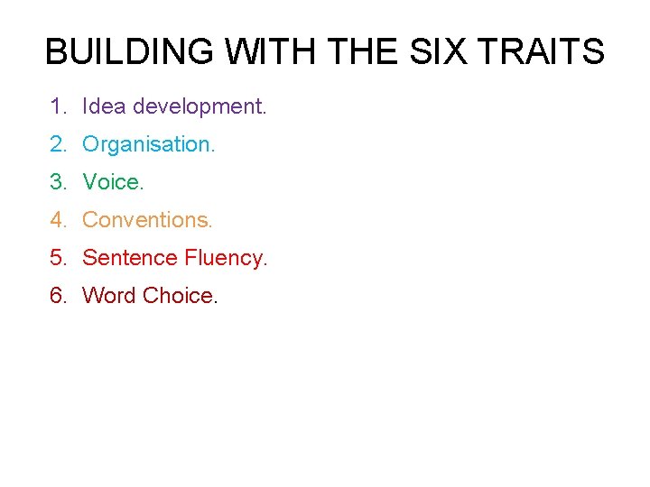 BUILDING WITH THE SIX TRAITS 1. Idea development. 2. Organisation. 3. Voice. 4. Conventions.