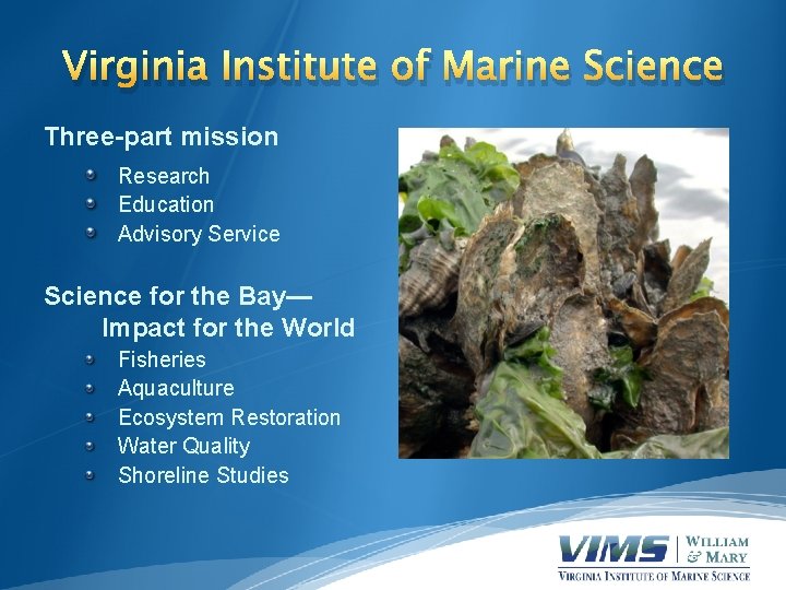 Virginia Institute of Marine Science Three-part mission Research Education Advisory Service Science for the