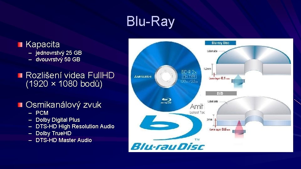 Blu-Ray Kapacita – jednovrstvý 25 GB – dvouvrstvý 50 GB Rozlišení videa Full. HD