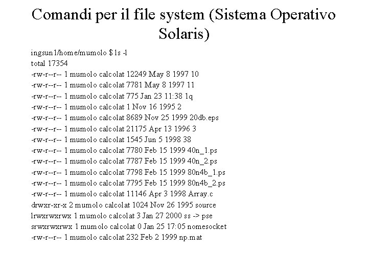 Comandi per il file system (Sistema Operativo Solaris) ingsun 1/home/mumolo $ ls -l total