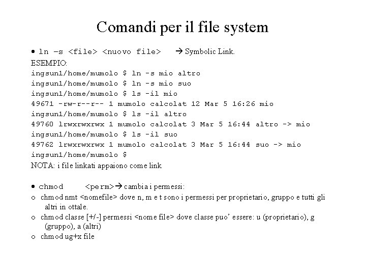 Comandi per il file system ln –s <file> <nuovo file> ESEMPIO: Symbolic Link. ingsun