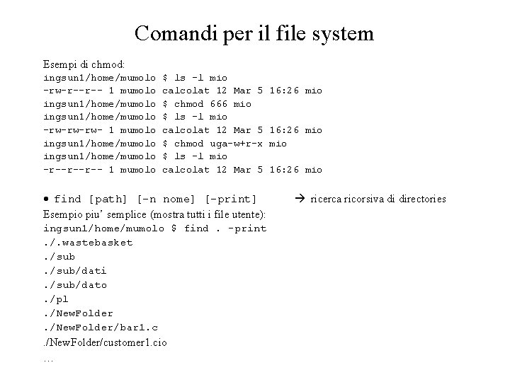 Comandi per il file system Esempi di chmod: ingsun 1/home/mumolo rw r r 1
