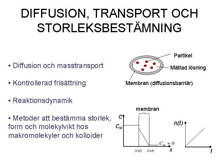 DIFFUSION, TRANSPORT OCH STORLEKSBESTÄMNING Partikel • Diffusion och masstransport Mättad lösning • Kontrollerad frisättning