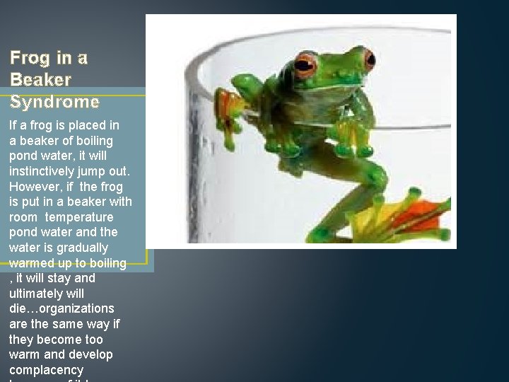 Frog in a Beaker Syndrome If a frog is placed in a beaker of