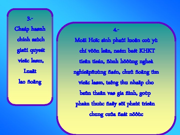 3. Chaáp haønh chính saùch giaûi quyeát vieäc laøm, Luaät lao ñoäng 4. Moãi