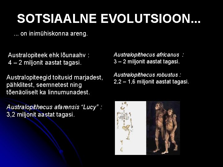 SOTSIAALNE EVOLUTSIOON. . . on inimühiskonna areng. Australopiteek ehk lõunaahv : 4 – 2