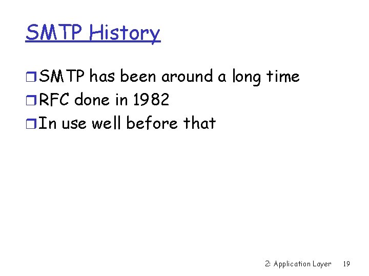 SMTP History r SMTP has been around a long time r RFC done in