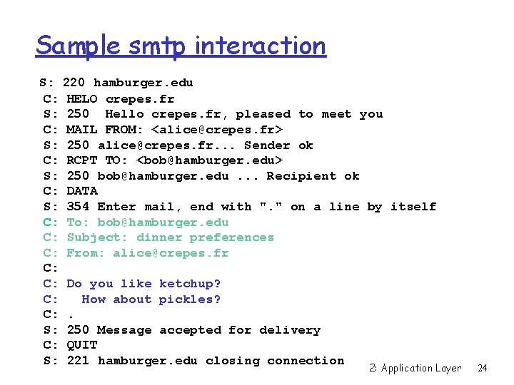 Sample smtp interaction S: 220 hamburger. edu C: HELO crepes. fr S: 250 Hello