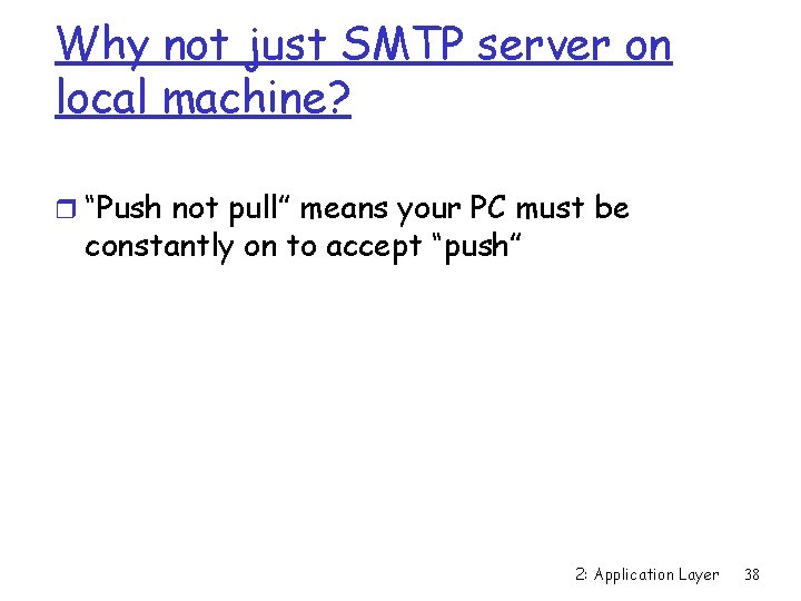 Why not just SMTP server on local machine? r “Push not pull” means your