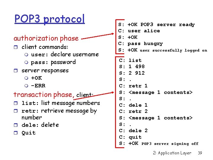 POP 3 protocol authorization phase r client commands: user: declare username m pass: password