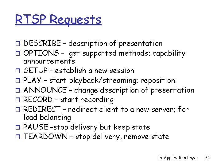 RTSP Requests r DESCRIBE – description of presentation r OPTIONS - get supported methods;