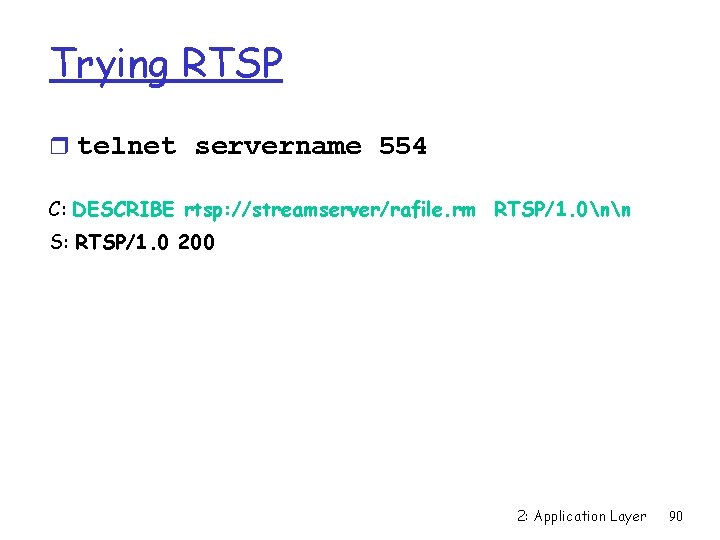 Trying RTSP r telnet servername 554 C: DESCRIBE rtsp: //streamserver/rafile. rm RTSP/1. 0nn S: