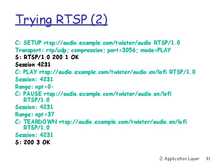 Trying RTSP (2) C: SETUP rtsp: //audio. example. com/twister/audio RTSP/1. 0 Transport: rtp/udp; compression;