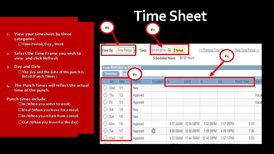 Time Sheet #1 #2 1. View your timesheet by three categories: �Time Period, Day Time Sheet #1 #2 1. View your timesheet by three categories: �Time Period, Day