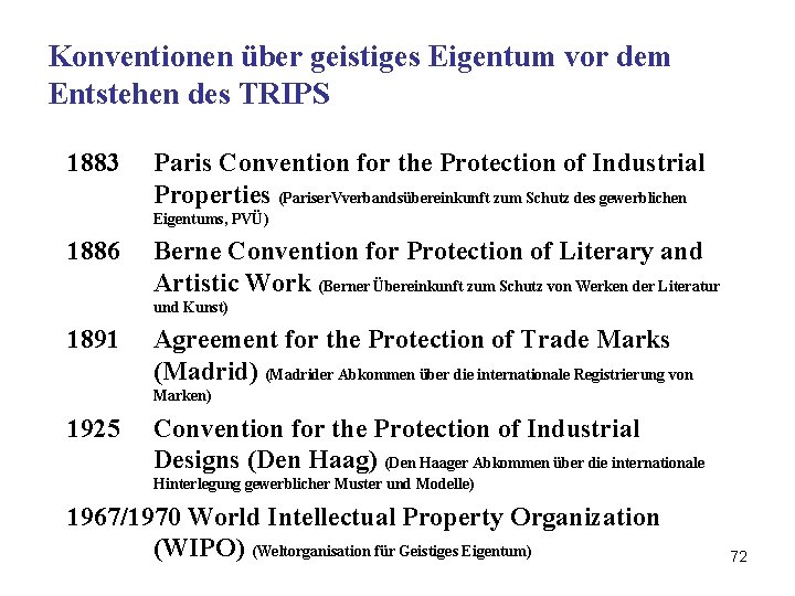 Konventionen über geistiges Eigentum vor dem Entstehen des TRIPS 1883 Paris Convention for the