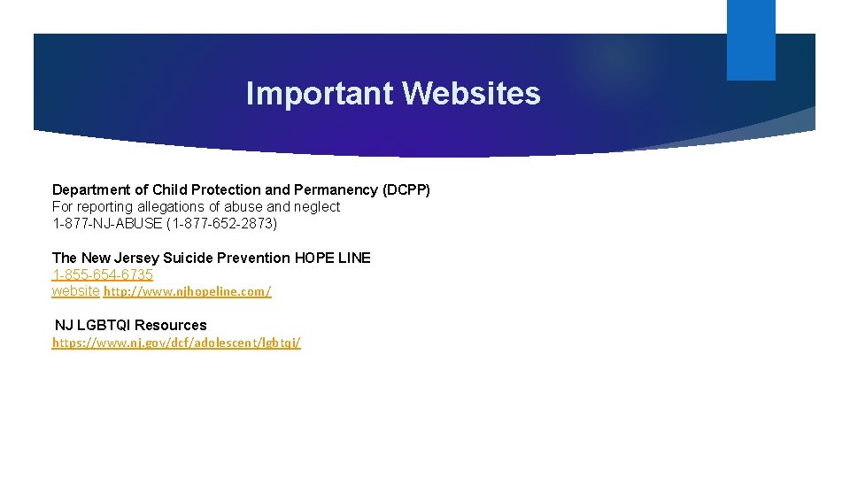 Important Websites Department of Child Protection and Permanency (DCPP) For reporting allegations of abuse Important Websites Department of Child Protection and Permanency (DCPP) For reporting allegations of abuse