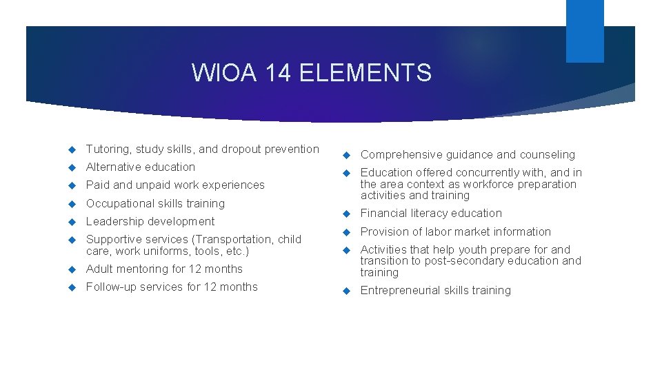 WIOA 14 ELEMENTS Tutoring, study skills, and dropout prevention Alternative education Paid and unpaid WIOA 14 ELEMENTS Tutoring, study skills, and dropout prevention Alternative education Paid and unpaid