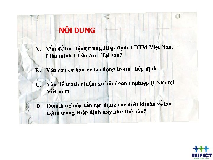 NỘI DUNG A. Vấn đề lao động trong Hiệp định TDTM Việt Nam – NỘI DUNG A. Vấn đề lao động trong Hiệp định TDTM Việt Nam –
