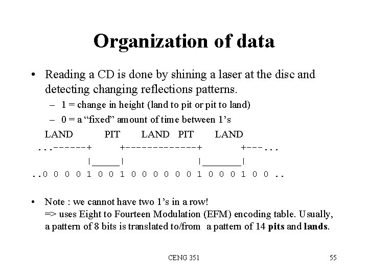 Organization of data • Reading a CD is done by shining a laser at