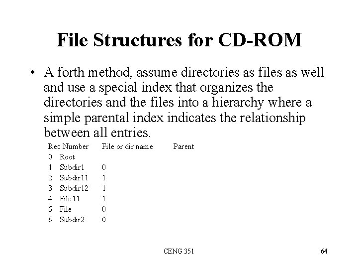 File Structures for CD-ROM • A forth method, assume directories as files as well