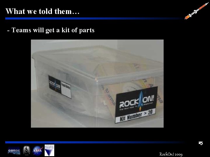 What we told them… - Teams will get a kit of parts 25 Rock.