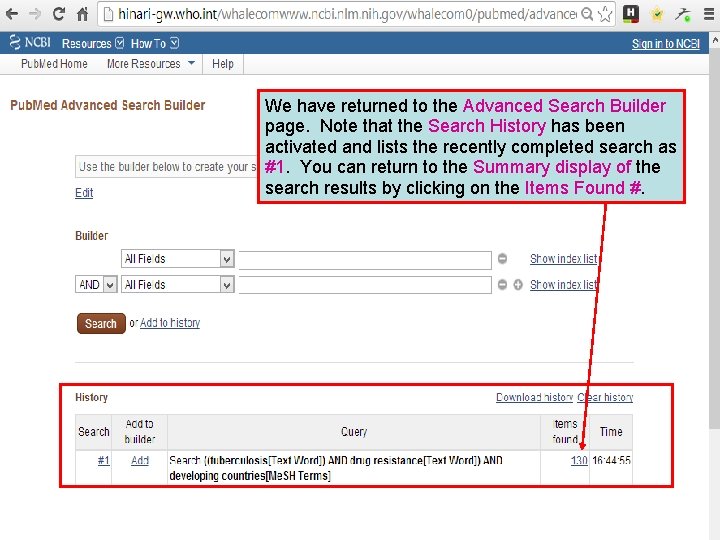 We have returned to the Advanced Search Builder page. Note that the Search History
