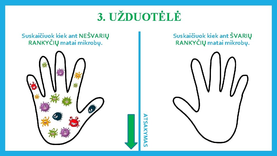 3. UŽDUOTĖLĖ Suskaičiuok kiek ant NEŠVARIŲ RANKYČIŲ matai mikrobų. Suskaičiuok kiek ant ŠVARIŲ RANKYČIŲ