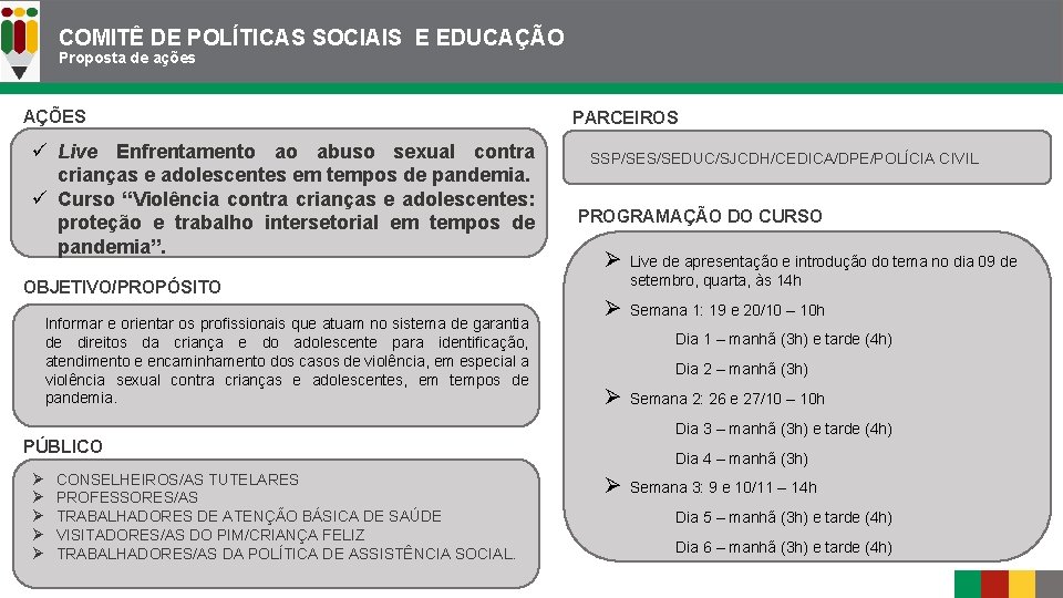 COMITÊ DE POLÍTICAS SOCIAIS E EDUCAÇÃO Proposta de ações AÇÕES ü Live Enfrentamento ao