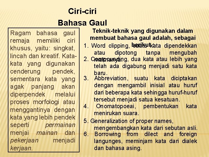 Ciri-ciri Bahasa Gaul Ragam bahasa gaul remaja memiliki ciri khusus, yaitu: singkat, lincah dan
