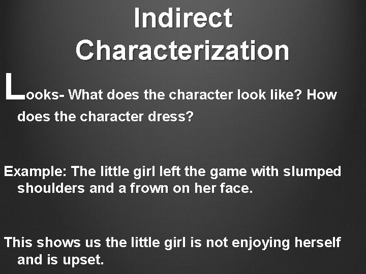 L Indirect Characterization ooks- What does the character look like? How does the character