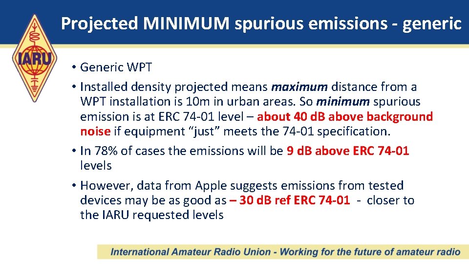 Projected MINIMUM spurious emissions - generic • Generic WPT • Installed density projected means