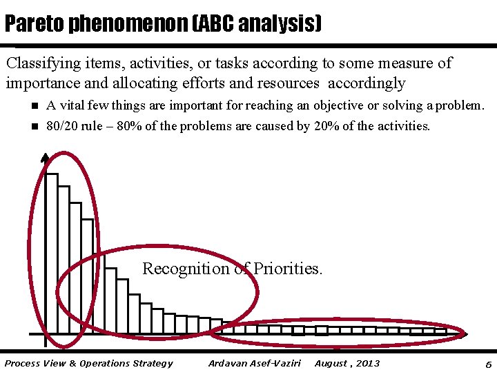 Pareto phenomenon (ABC analysis) Classifying items, activities, or tasks according to some measure of Pareto phenomenon (ABC analysis) Classifying items, activities, or tasks according to some measure of