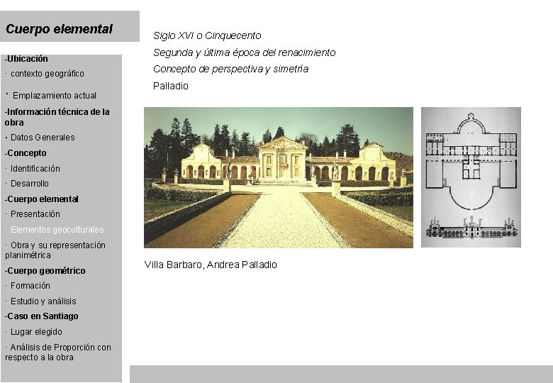 Cuerpo elemental -Ubicación · contexto geográfico · Emplazamiento actual Siglo XVI o Cinquecento Segunda