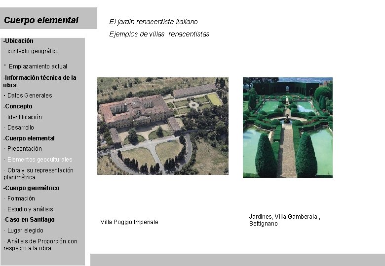 Cuerpo elemental -Ubicación El jardin renacentista italiano Ejemplos de villas renacentistas · contexto geográfico