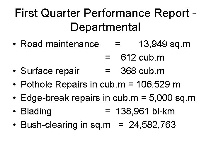 First Quarter Performance Report Departmental • Road maintenance • • • = 13, 949