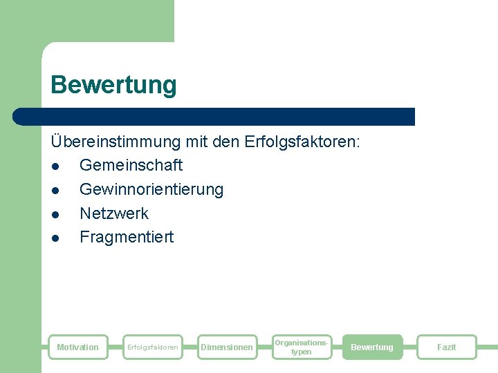 Bewertung Übereinstimmung mit den Erfolgsfaktoren: l Gemeinschaft l Gewinnorientierung l Netzwerk l Fragmentiert Motivation