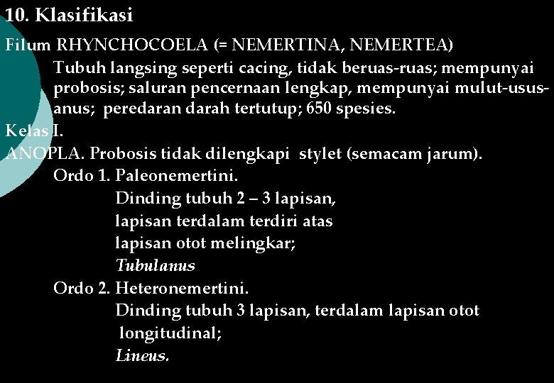 10. Klasifikasi Filum RHYNCHOCOELA (= NEMERTINA, NEMERTEA) Tubuh langsing seperti cacing, tidak beruas-ruas; mempunyai