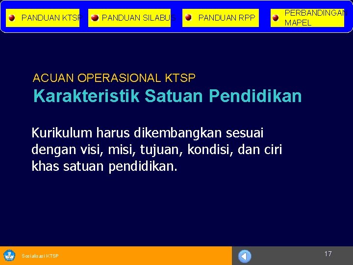 PANDUAN KTSP PANDUAN SILABUS PANDUAN RPP PERBANDINGAN MAPEL ACUAN OPERASIONAL KTSP Karakteristik Satuan Pendidikan