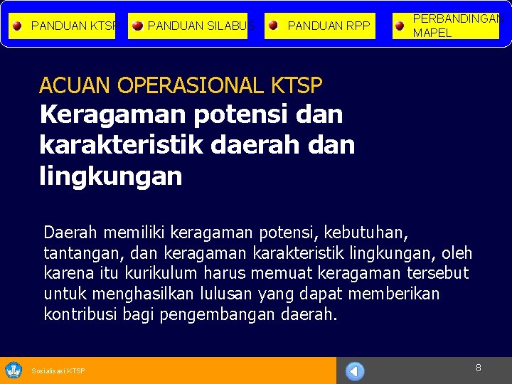 PANDUAN KTSP PANDUAN SILABUS PANDUAN RPP PERBANDINGAN MAPEL ACUAN OPERASIONAL KTSP Keragaman potensi dan