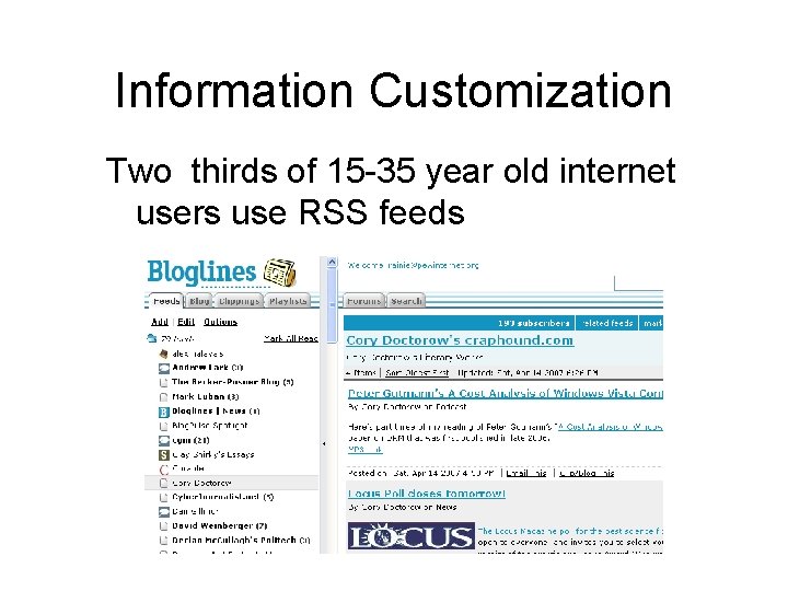 Information Customization Two thirds of 15 -35 year old internet users use RSS feeds