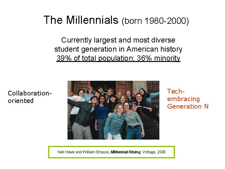 The Millennials (born 1980 -2000) Currently largest and most diverse student generation in American