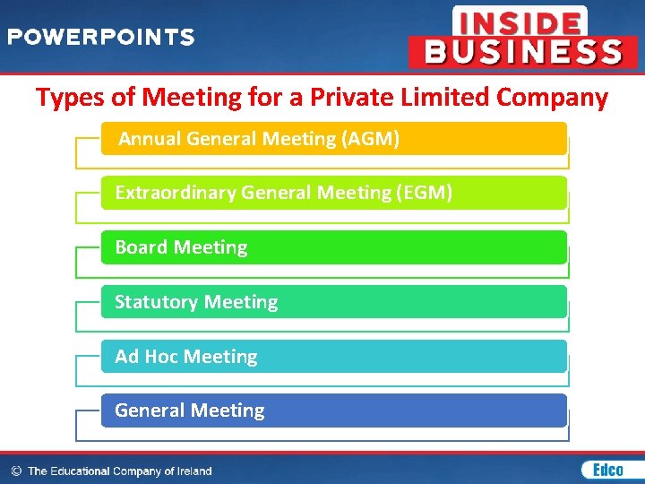 Types of Meeting for a Private Limited Company Annual General Meeting (AGM) Extraordinary General