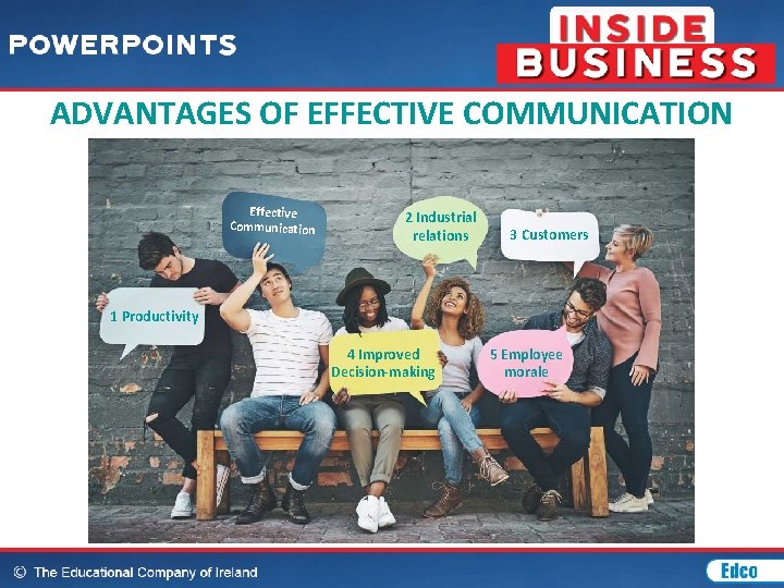 ADVANTAGES OF EFFECTIVE COMMUNICATION Effective Communication 2 Industrial relations 3 Customers 1 Productivity 4