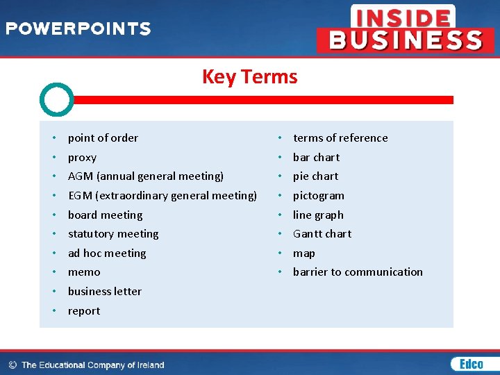 Key Terms • • • point of order proxy AGM (annual general meeting) EGM