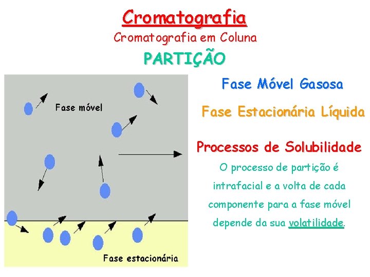 Cromatografia em Coluna PARTIÇÃO Fase Móvel Gasosa Fase Estacionária Líquida Processos de Solubilidade O