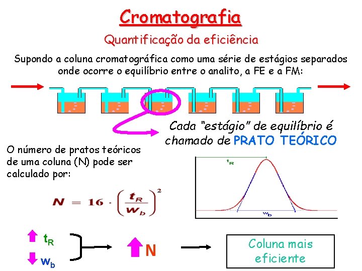Cromatografia Quantificação da eficiência Supondo a coluna cromatográfica como uma série de estágios separados