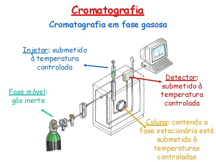 Cromatografia em fase gasosa Injetor: submetido à temperatura controlada Fase móvel: gás inerte Detector: