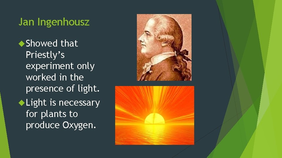Jan Ingenhousz Showed that Priestly’s experiment only worked in the presence of light. Light Jan Ingenhousz Showed that Priestly’s experiment only worked in the presence of light. Light